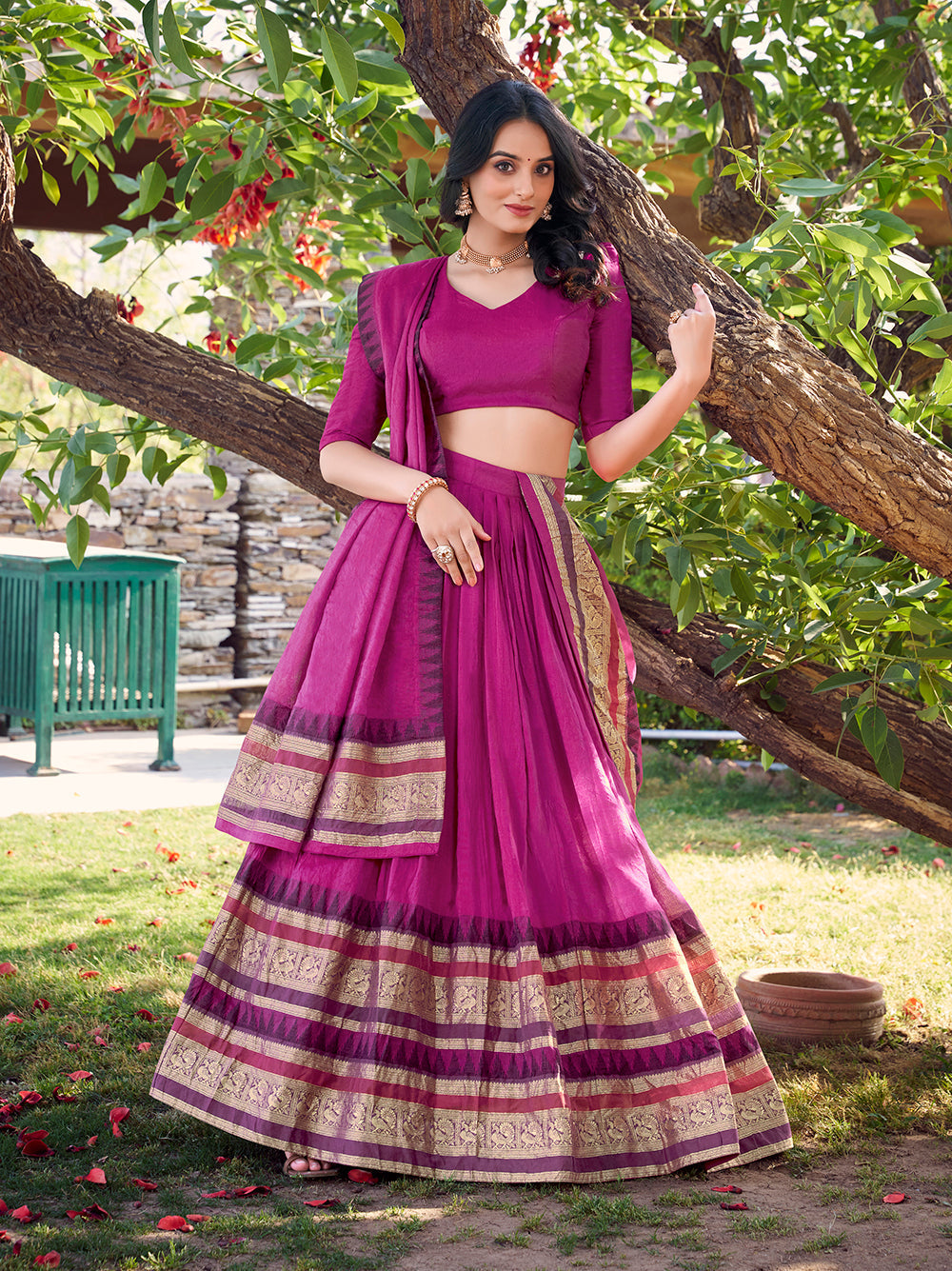 Soft pink chanderi lehenga choli with zari woven border matching dupatta