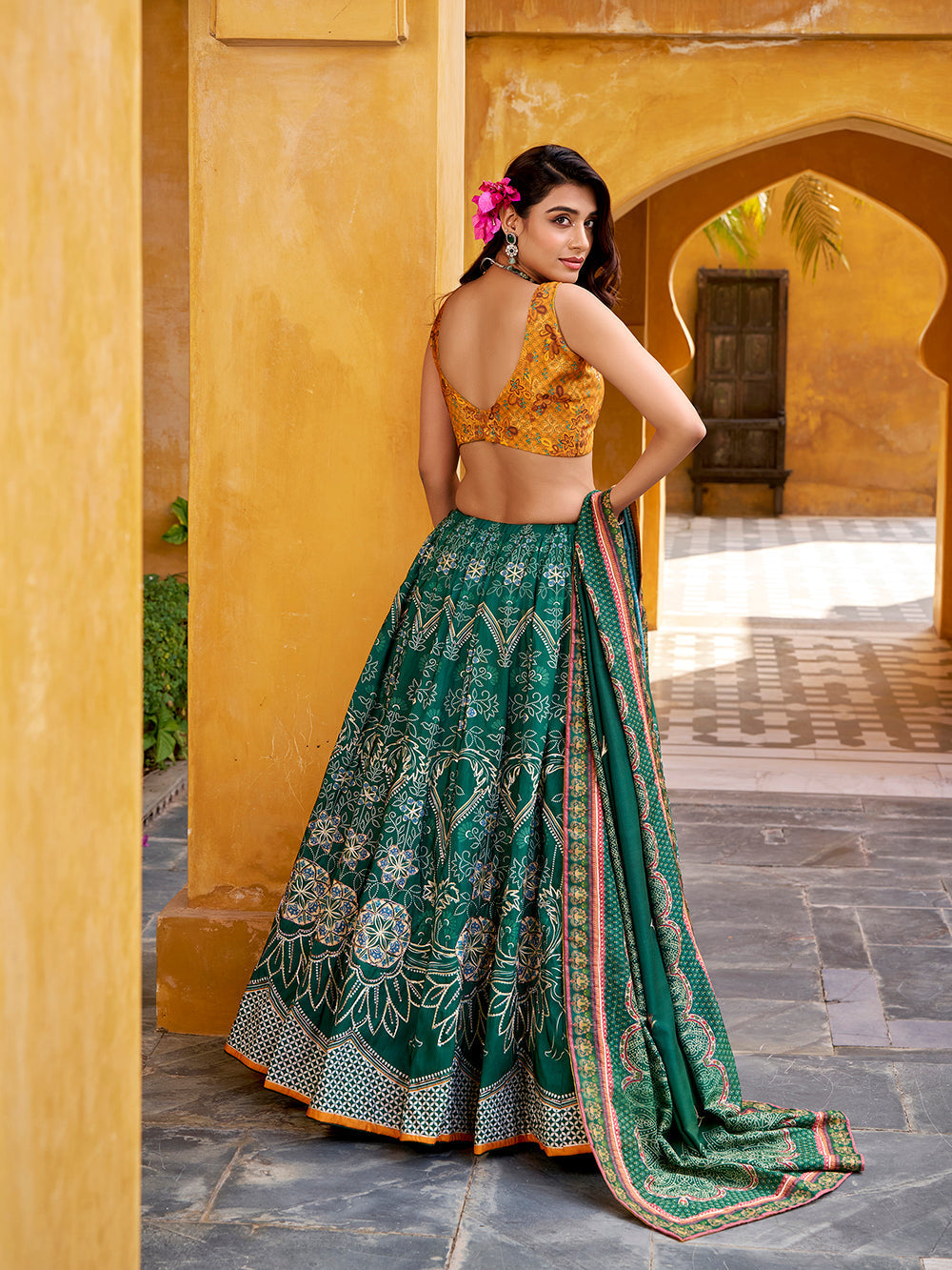 Bottle green vaishali silk lehenga choli with beads work gotta patti dupatta