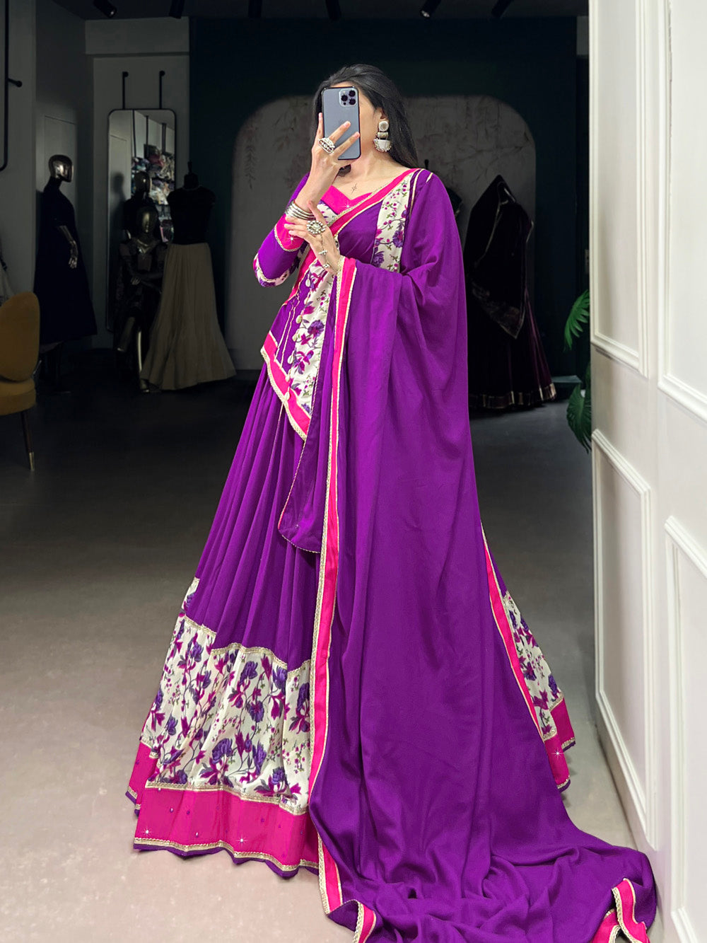 Purple rayon floral print lehenga choli with original mirror hand work printed dupatta