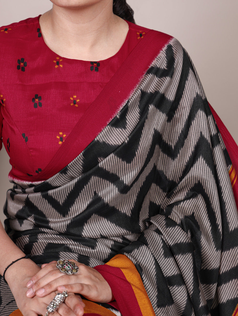 Black printed tasar silk saree with matching blouse