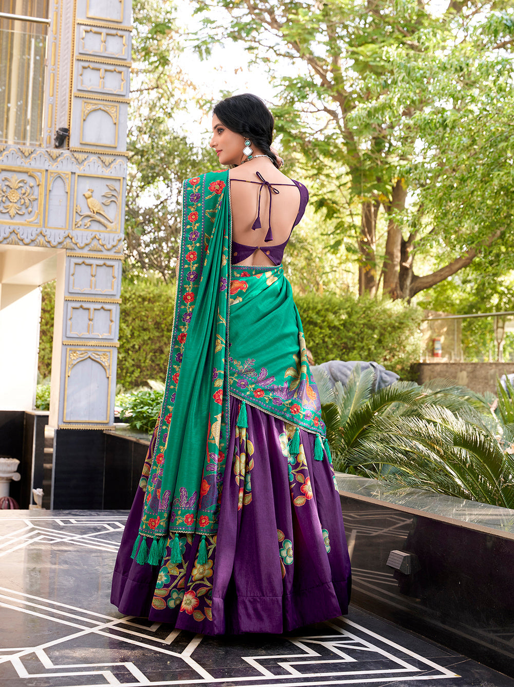 Regal purple tussar silk lehenga choli with foil print lace accents matching dupatta