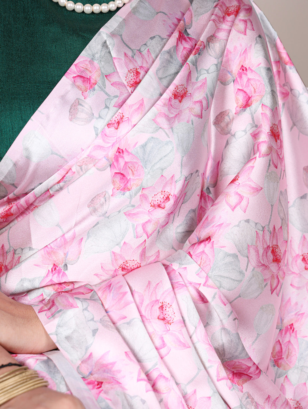 Light pink satin silk floral printed saree with mono benglory green blouse fabric