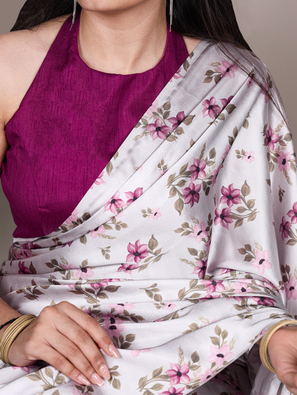 Silver color printed satin silk saree