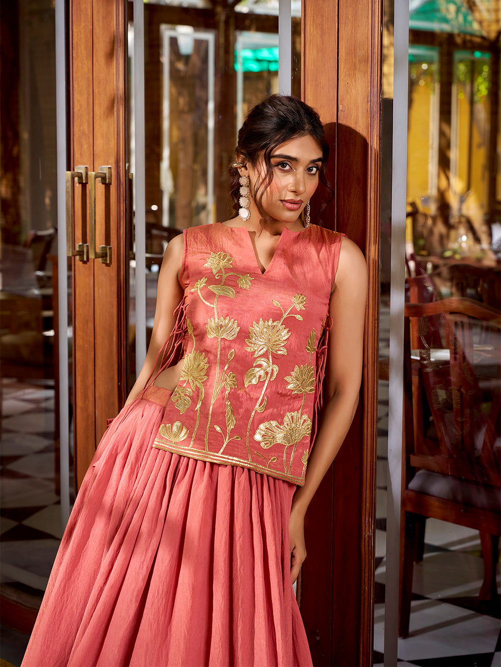 Salmon shimmer lehenga choli with thread embroidery foil work