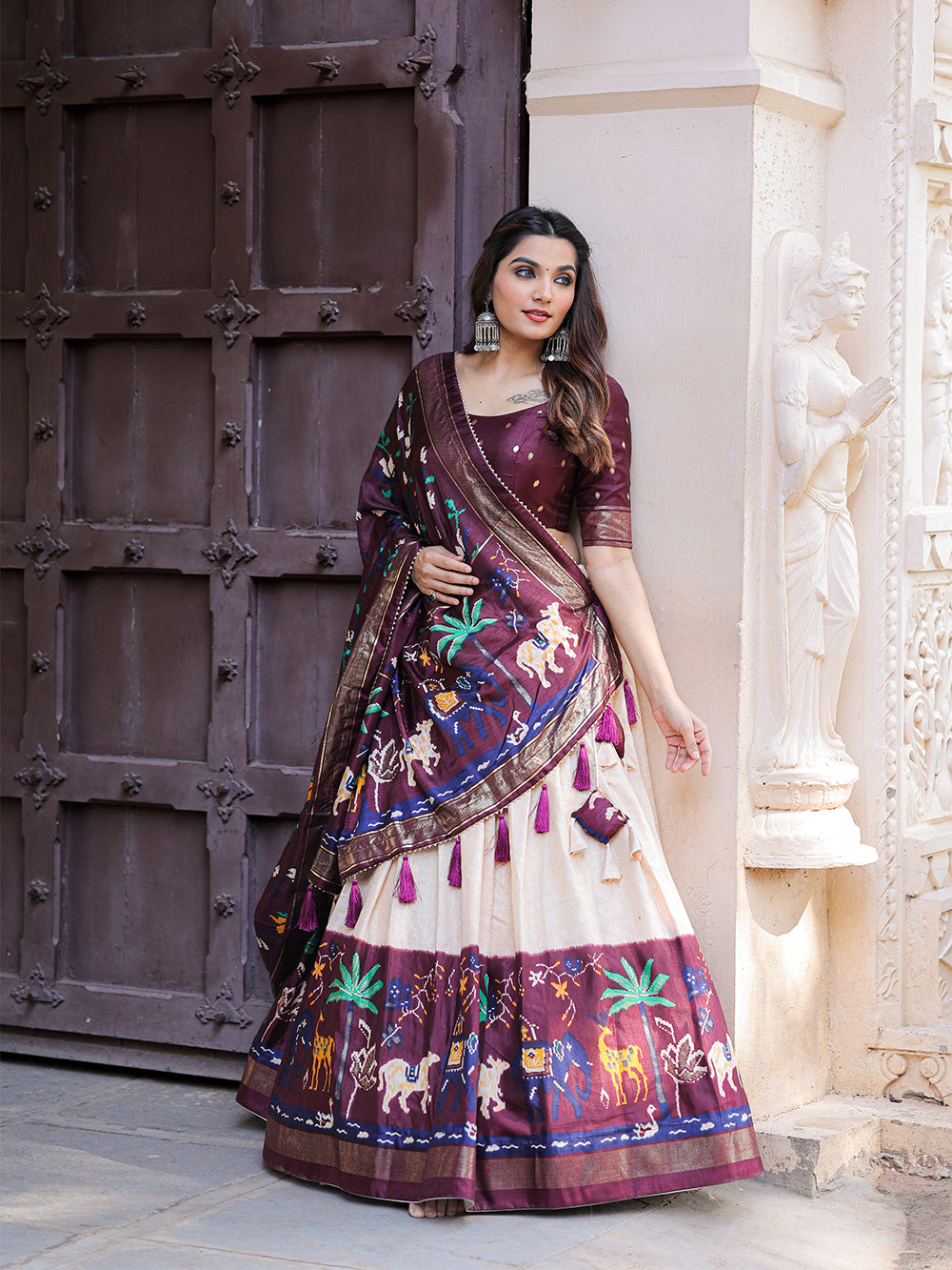 Wine Color Printed With Foil Work Dola Silk Lehenga Choli