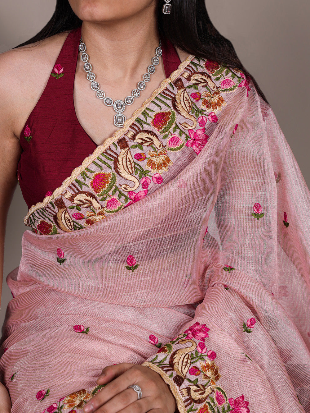 Light pink zari kota tissue saree with floral thread embroidery and banglory blouse fabric