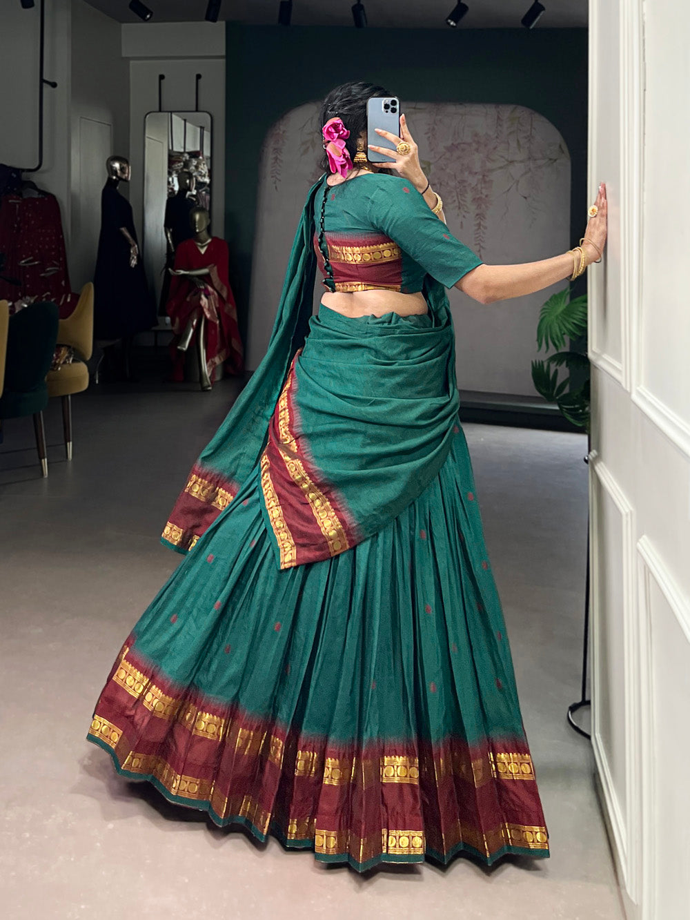 Teal chanderi lehenga choli with zari weaving border 4 meter flair