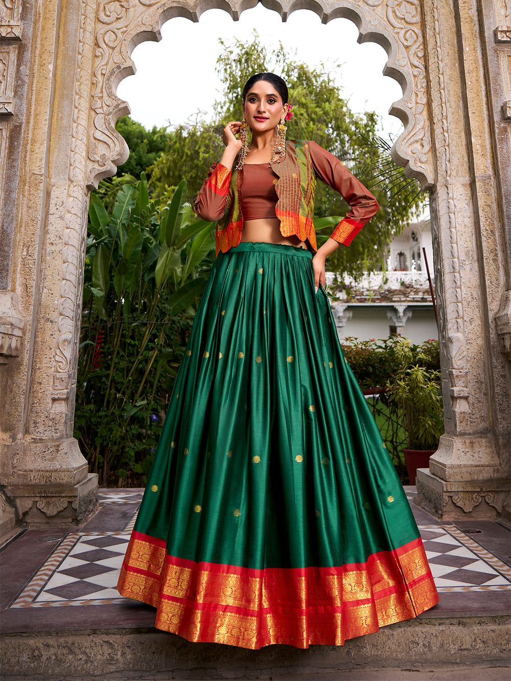Green color zari weaving work poly cotton lehenga choli