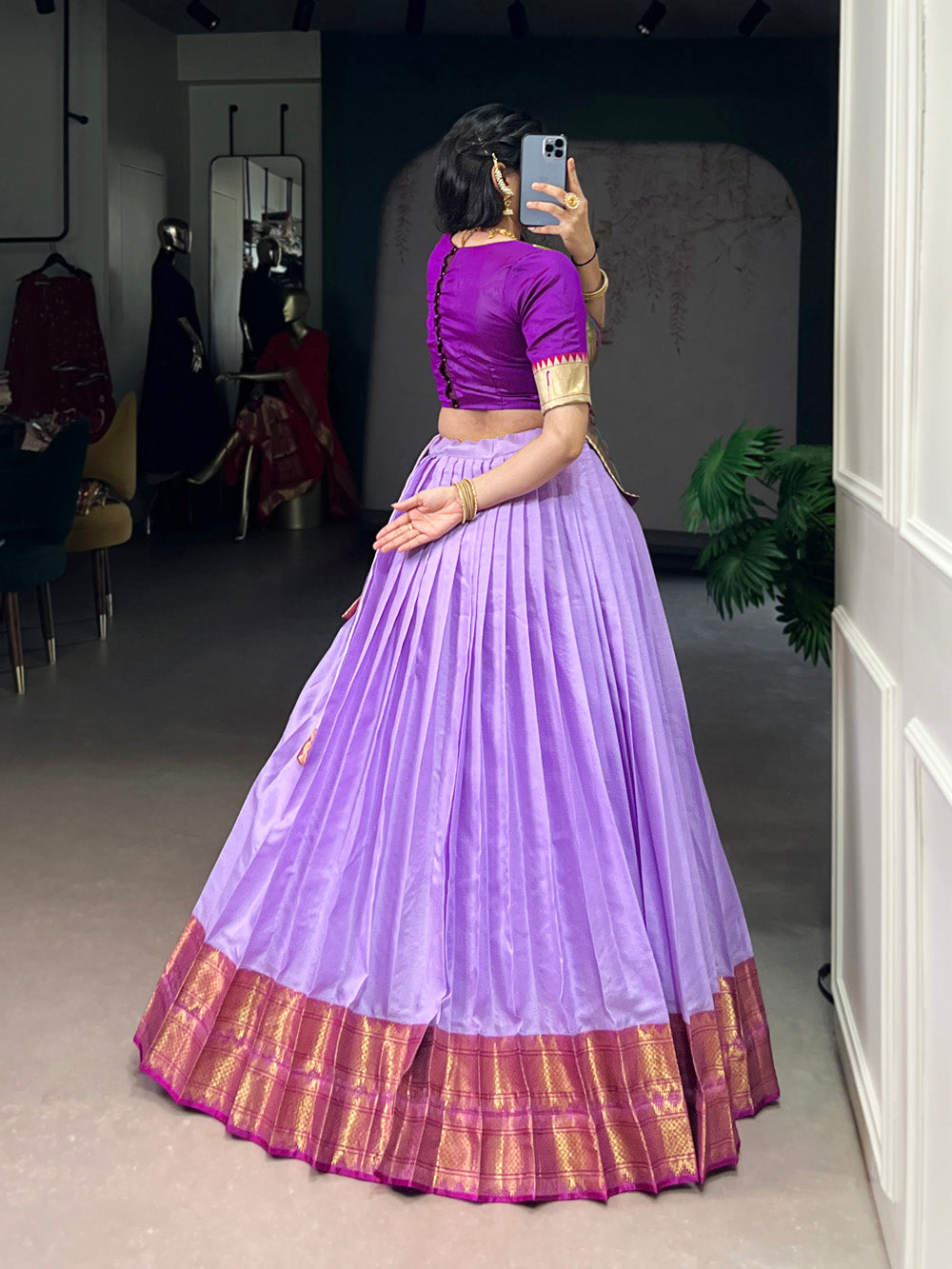 Lavender south indian style jacquard silk zari weaving lehenga choli with luxe zari border