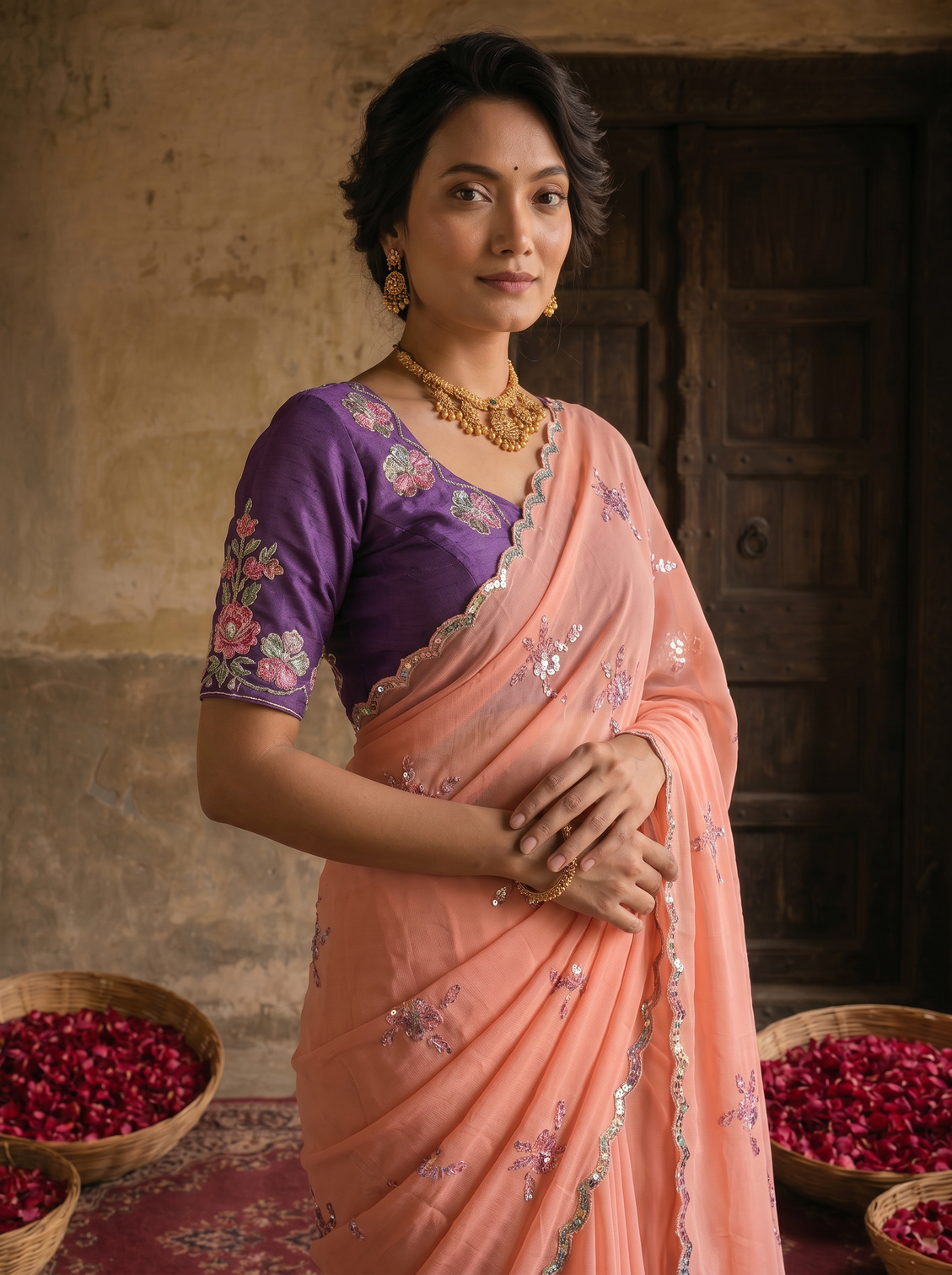 Peach pink georgette embroidered saree with floral sequin work contrast purple blouse