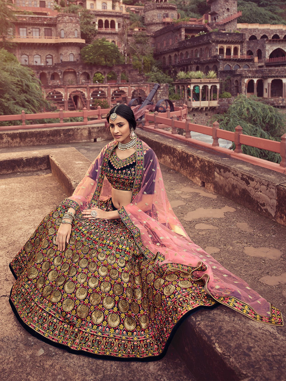 Navy Blue Thread With Mutli Sequins Work Semi Stitched Lehenga With Unstitched Blouse