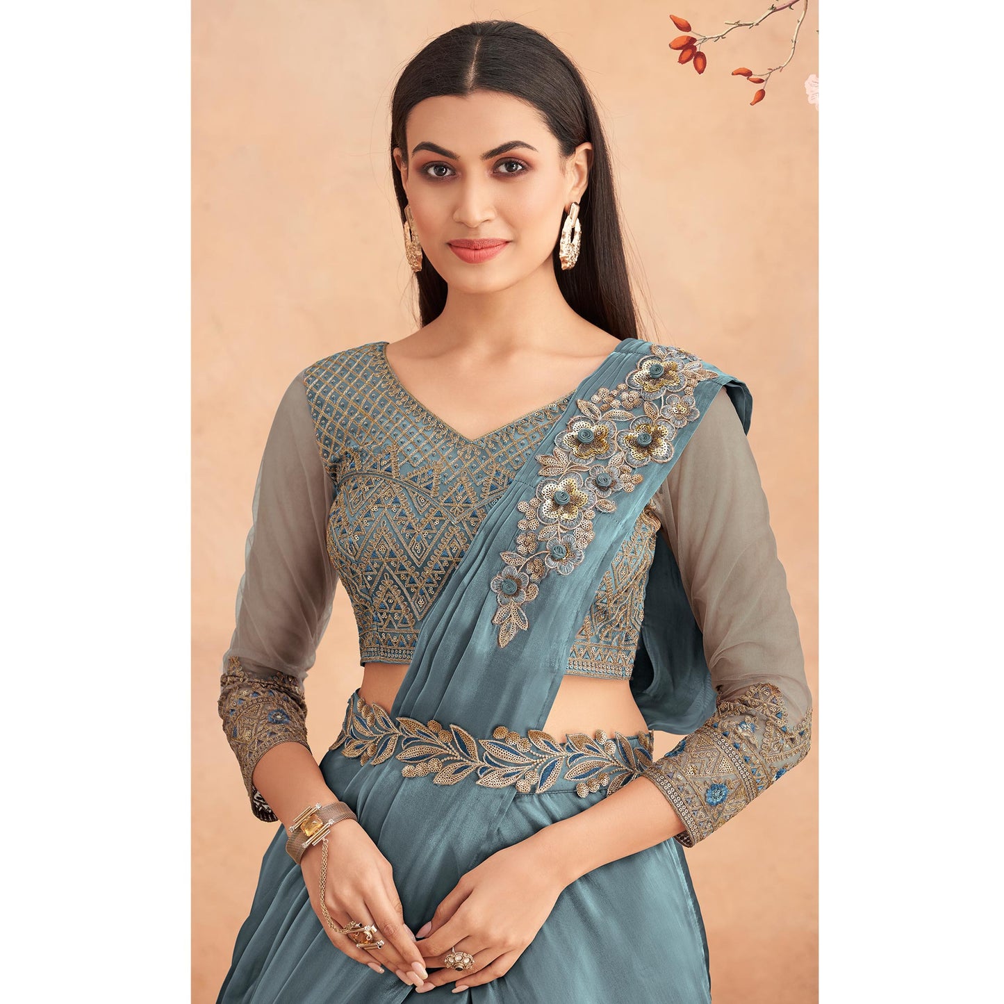 Grey Sequins Embroidered Ready to Wear Art Silk Saree