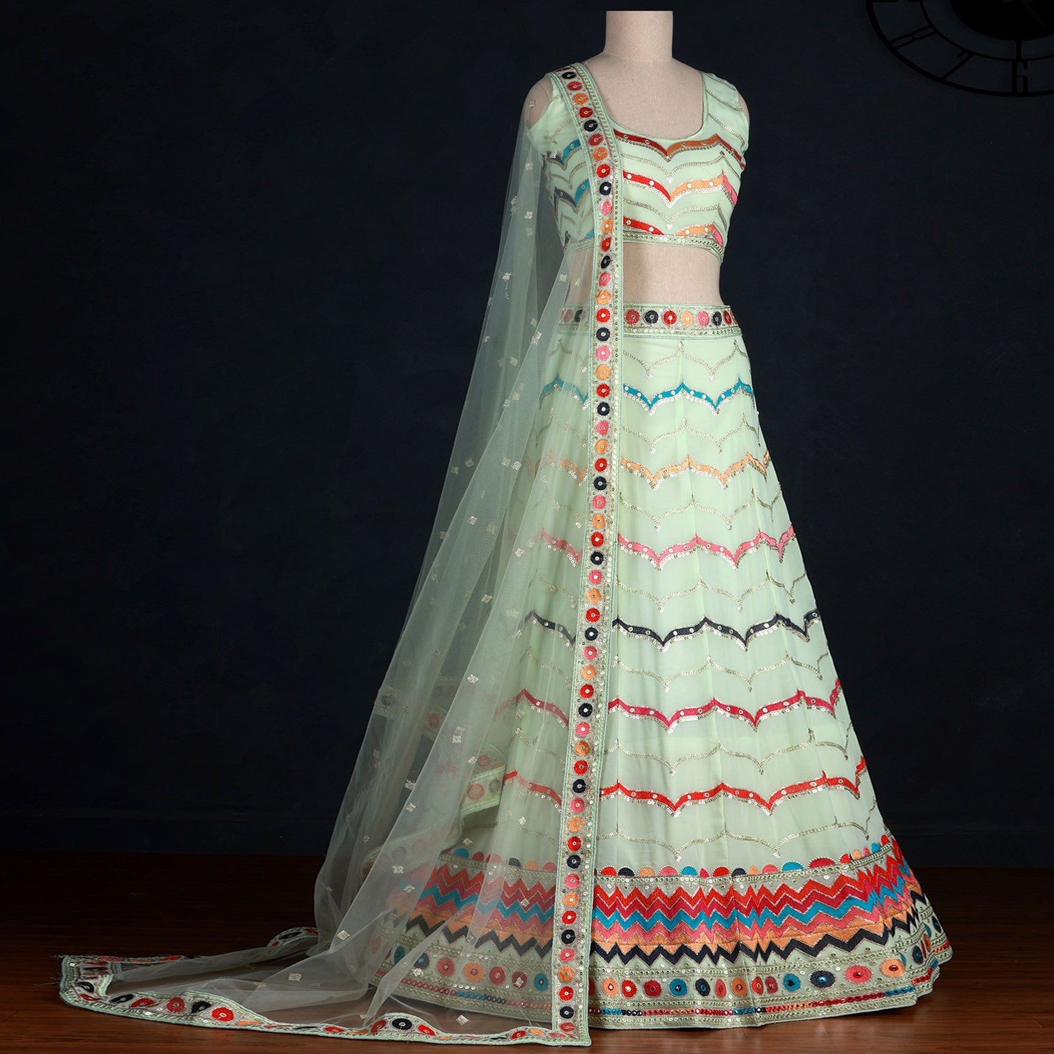 Pista Sequins Embroidered Georgette Lehenga Choli
