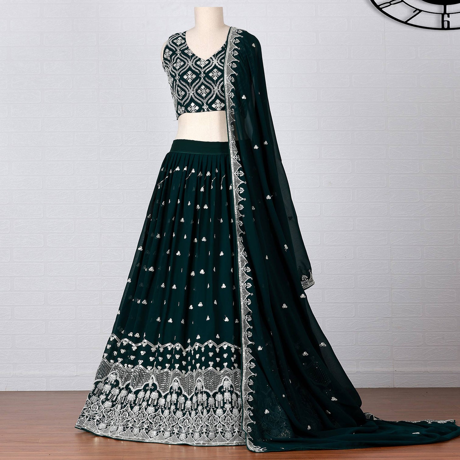 Teal Green Sequins Embroidered Georgette Lehenga Choli