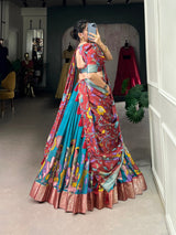 Firoji Dola Silk Kalamkari Lehenga Set with Zari Weaving Border