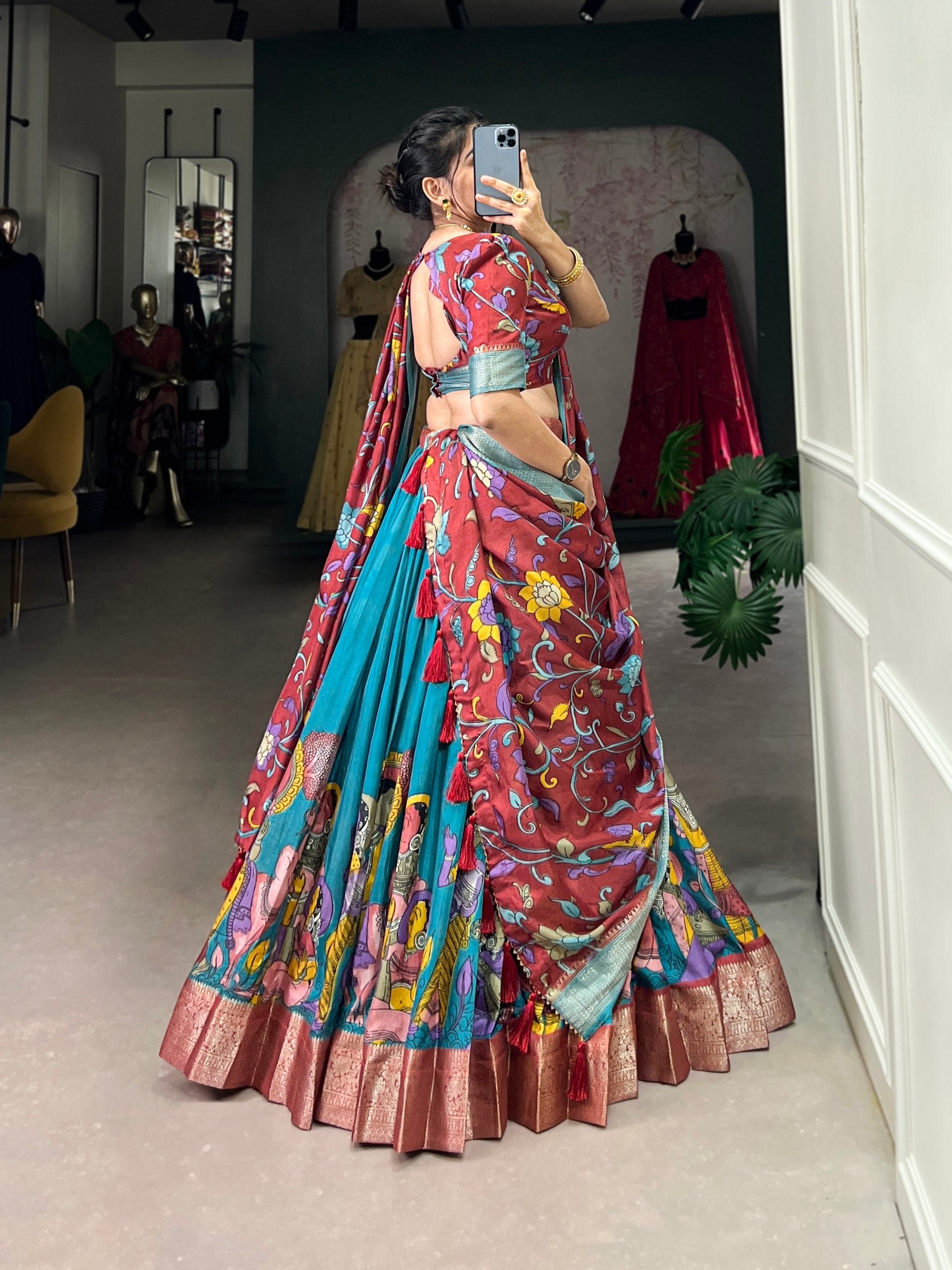 Firoji Dola Silk Kalamkari Lehenga Set with Zari Weaving Border