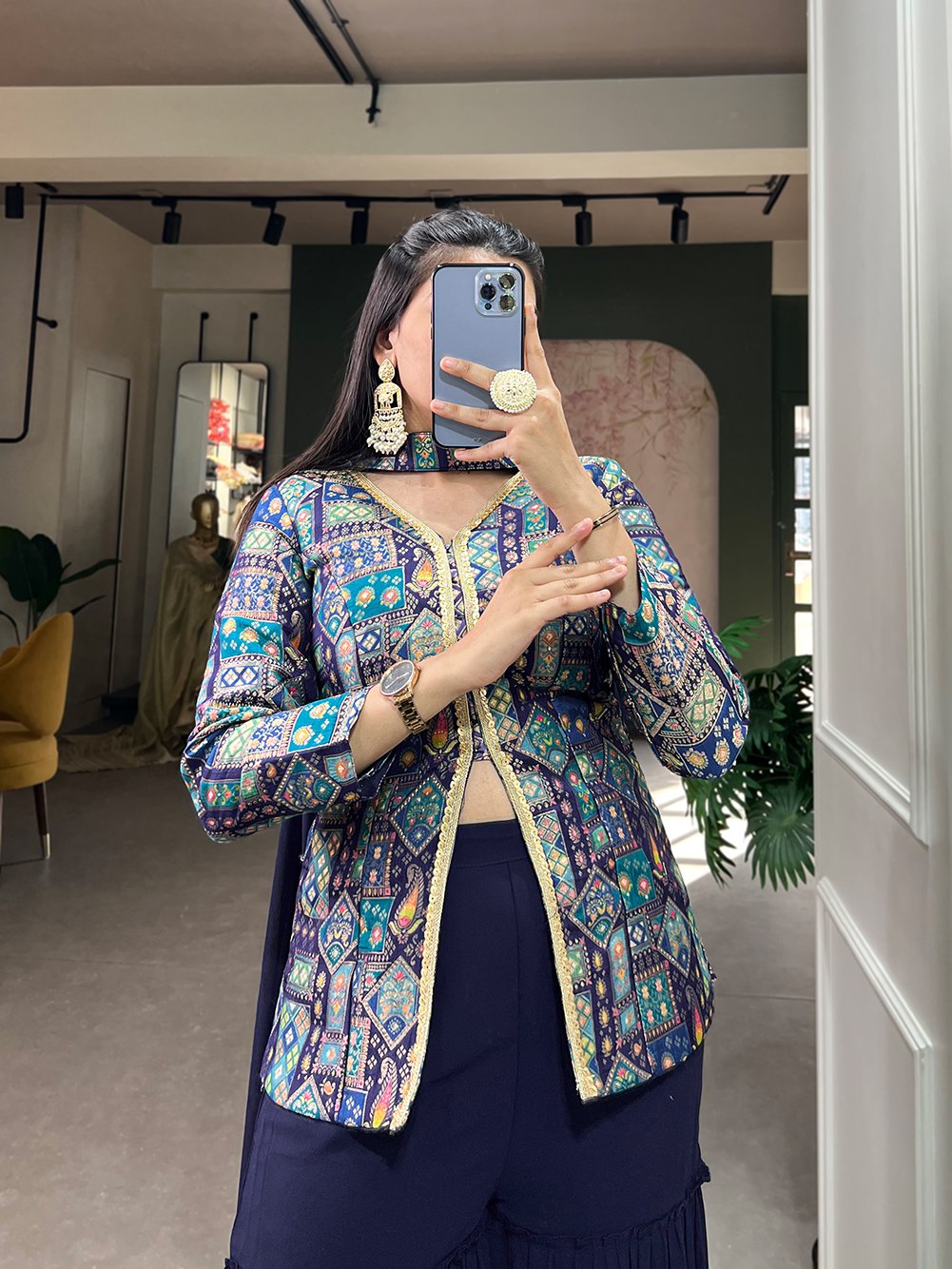 Firozi Blue Viscose Jacquard Kurta Palazzo Set with Weaving Work and Printed Detailing