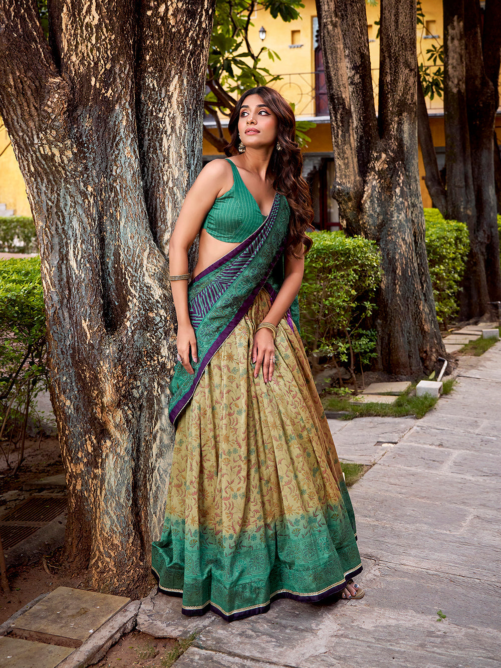 Firozi lehenga choli with printed blouse vichitra silk dupatta