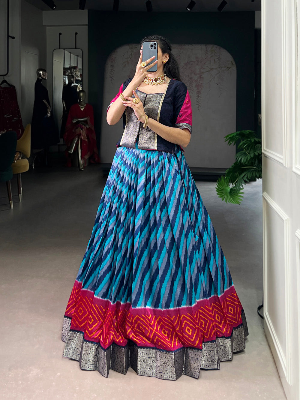 Firozi tasar silk leheriya print lehenga choli with vichitra silk zari weaving blouse