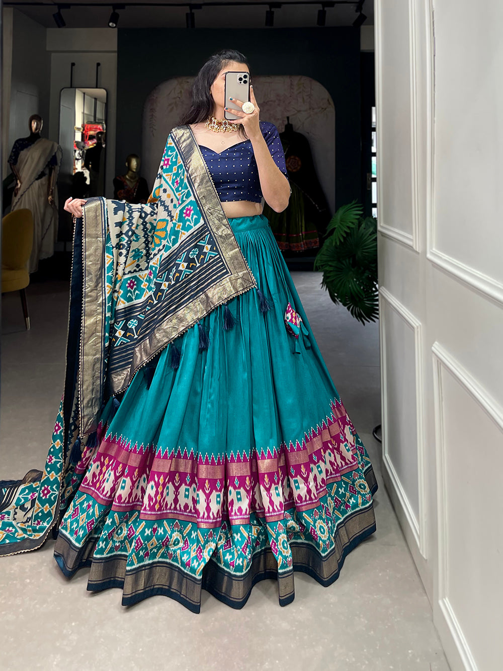 Firozi Color Patola Print With Foil Work Tussar Silk Lehenga Choli