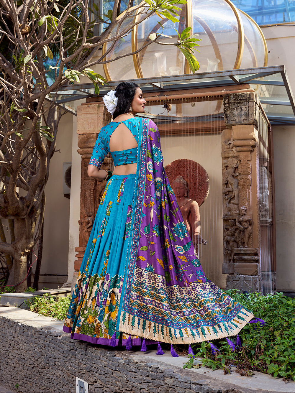 Firozi tussar silk lehenga choli with kalamkari print foil work elegance