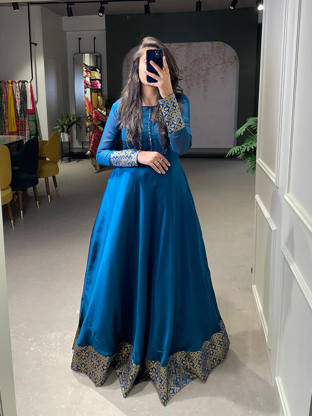 Firozi Color Weaving Work Rangoli Silk Gown Dress