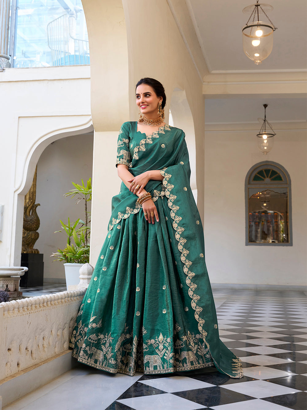 Teal gold crush lehenga choli with sequins embroidery scalloped lace dupatta