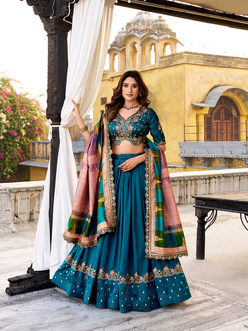 Firozi wedding wear vichitra silk lehenga choli with sequins thread embroidery