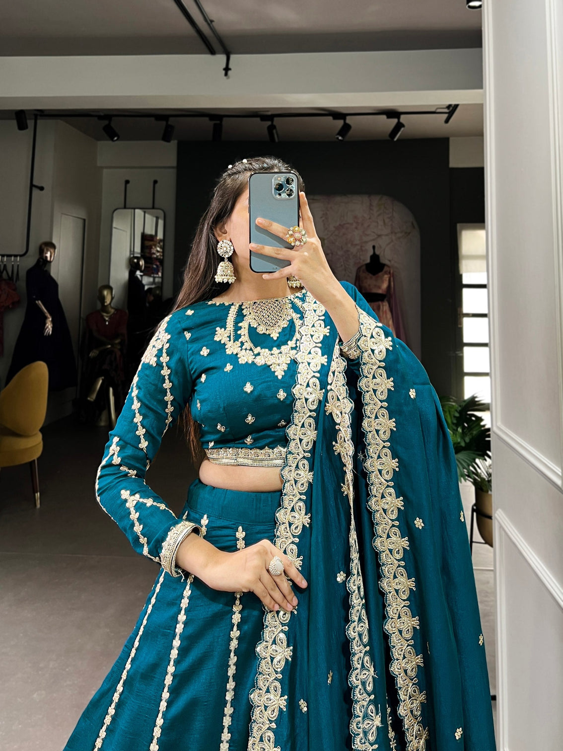Firozi Elegance – Vichitra Silk Embroidered Lehenga Set