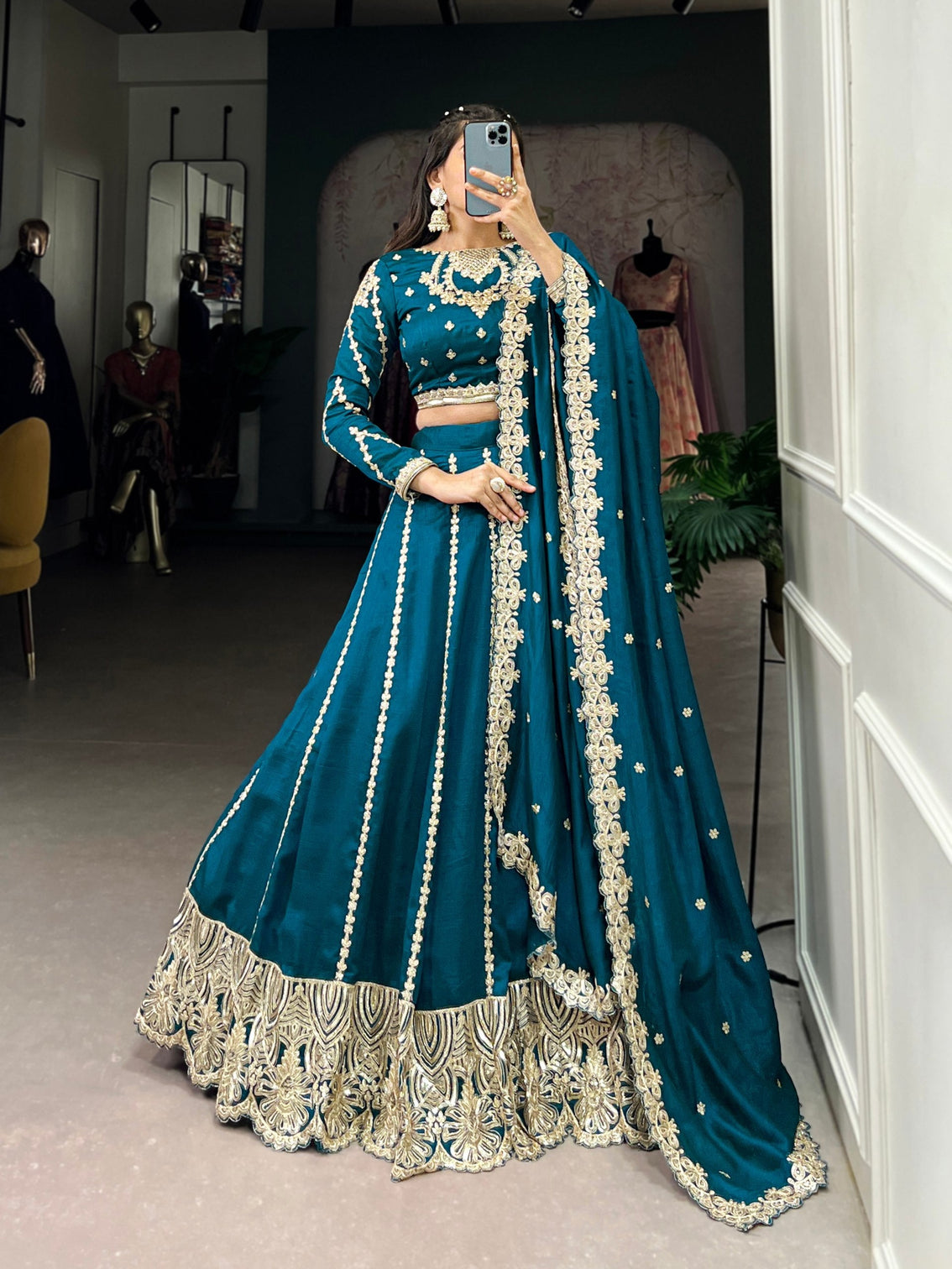 Firozi Elegance – Vichitra Silk Embroidered Lehenga Set