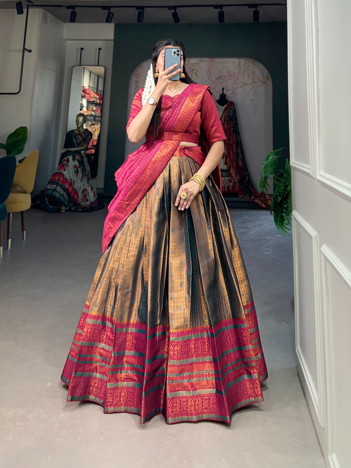 Firozi Jacquard Silk Lehenga Choli with Zari Weaving Work