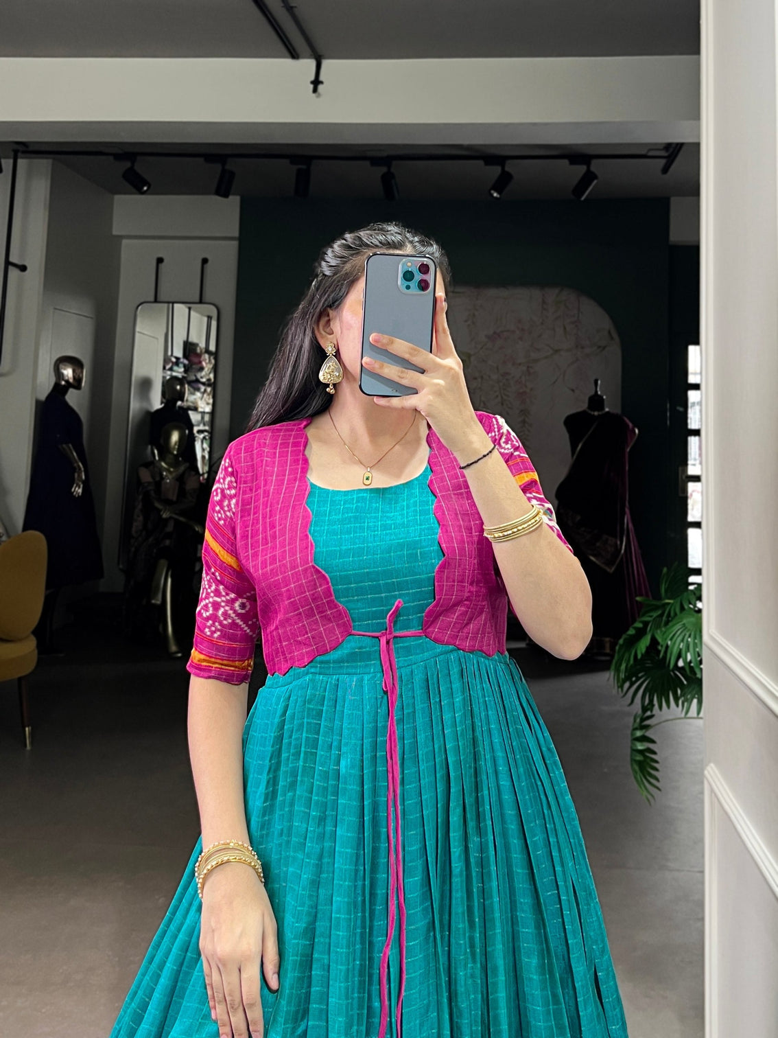 Firozi Patola Print Tasar Chex Gown with Matching Koti – Stitched Ethnic Wear Set with Weaving Border & Micro Cotton Lining