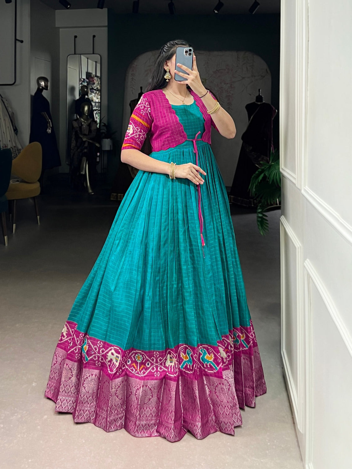 Firozi Patola Print Tasar Chex Gown with Matching Koti – Stitched Ethnic Wear Set with Weaving Border & Micro Cotton Lining