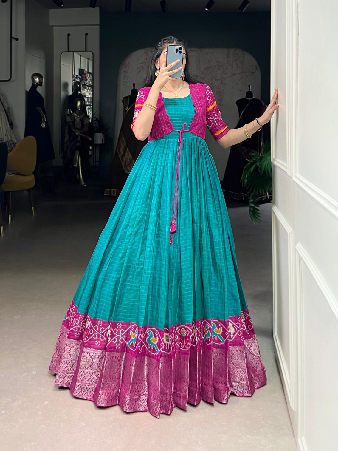 Firozi Patola Print Tasar Chex Gown with Matching Koti – Stitched Ethnic Wear Set with Weaving Border & Micro Cotton Lining