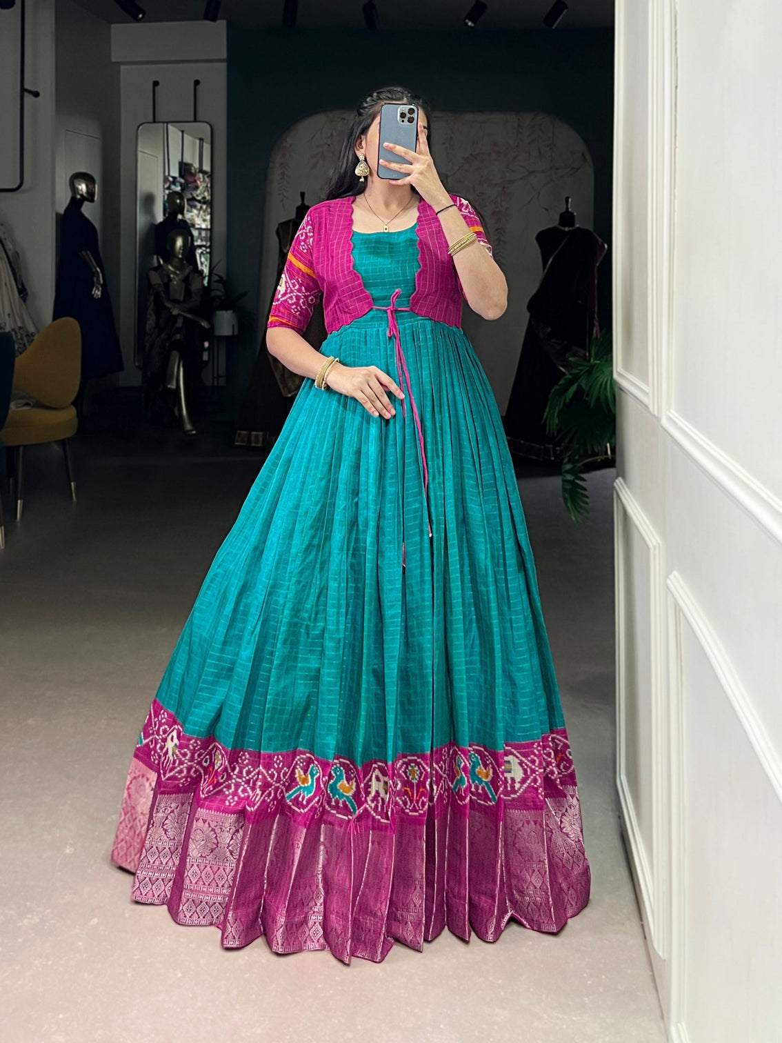 Firozi Patola Print Tasar Chex Gown with Matching Koti – Stitched Ethnic Wear Set with Weaving Border & Micro Cotton Lining