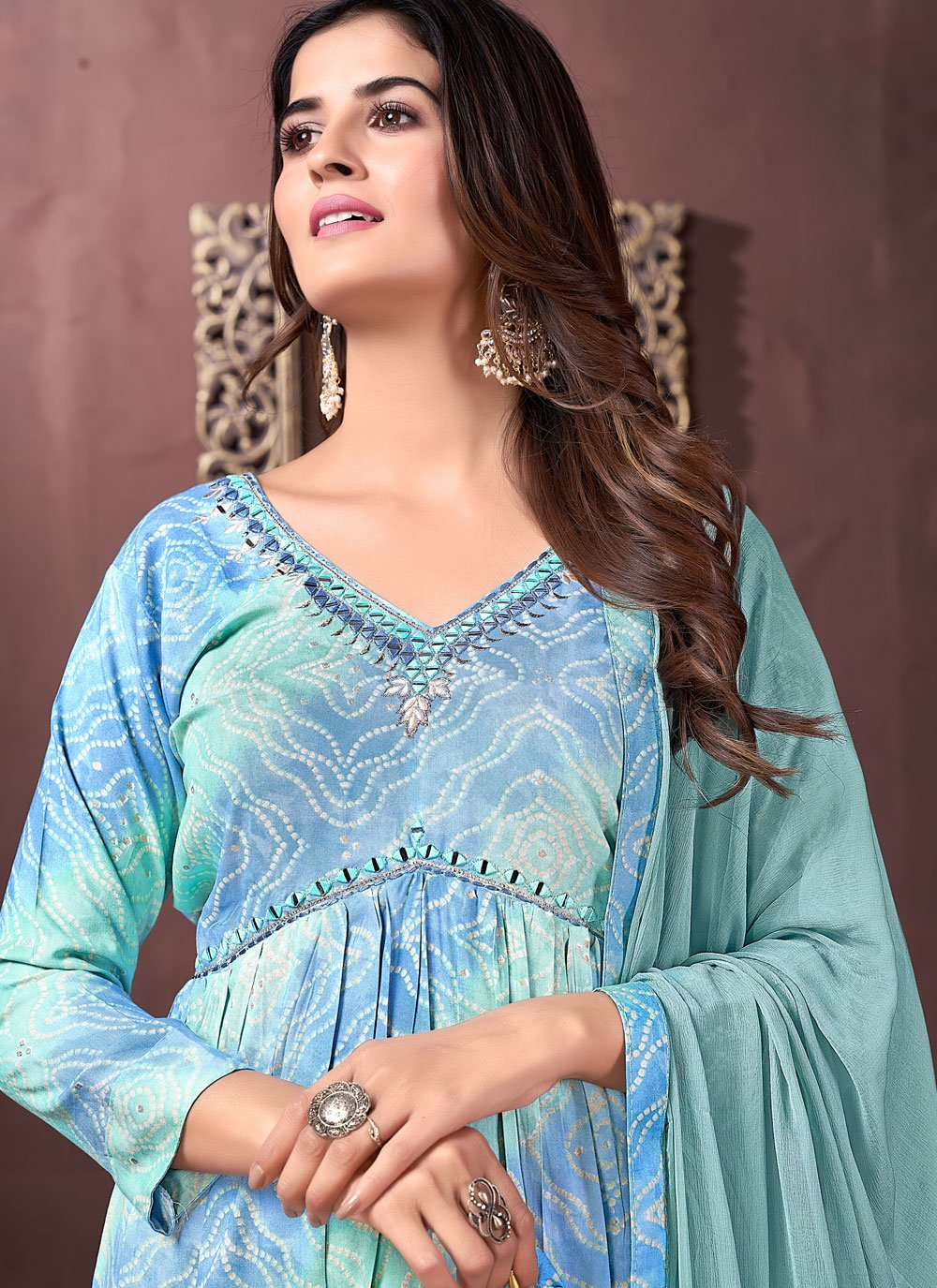 Firozi riyon kurti long design in handwork