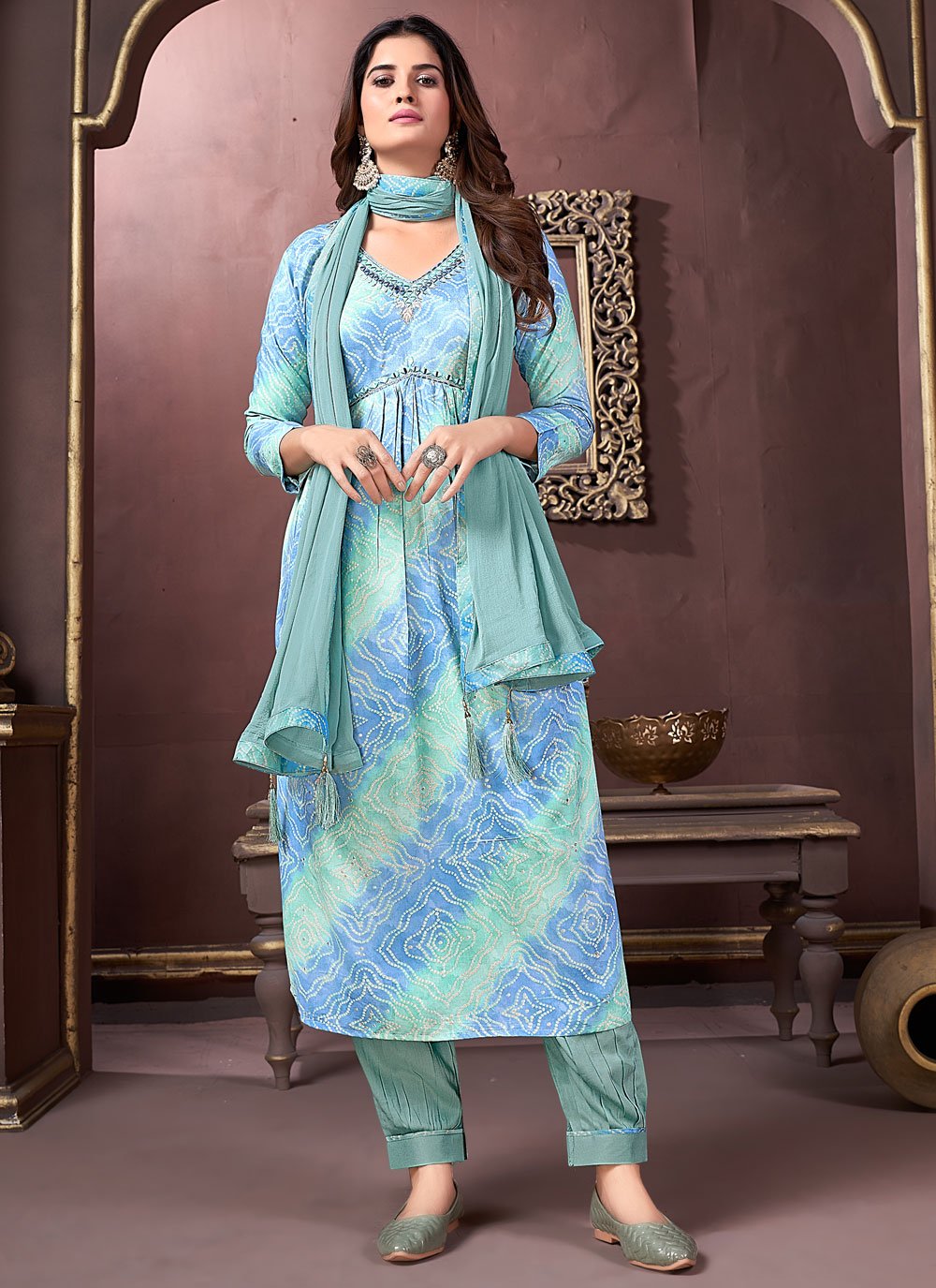 Firozi riyon kurti long design in handwork