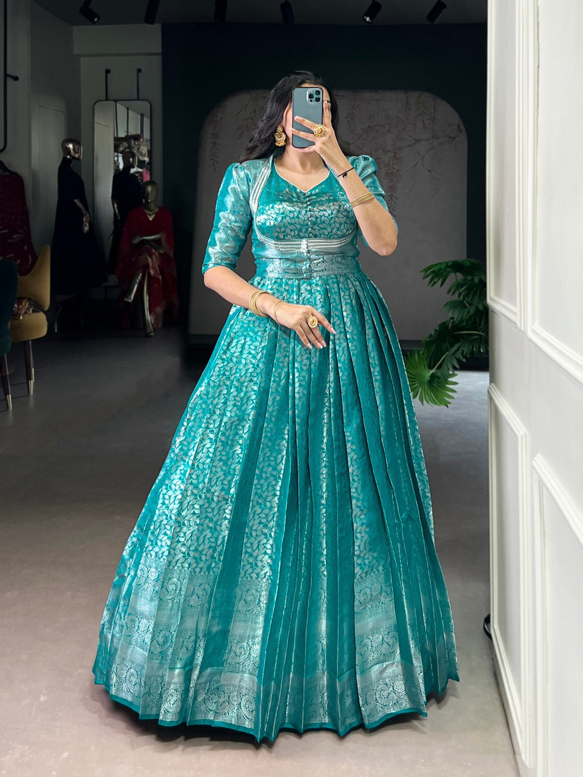 Firozi Stitched Kanjivaram Gown with Zari Weaving & Lace Touch-Up with Matching Koti – Elegant 2-Piece Ensemble
