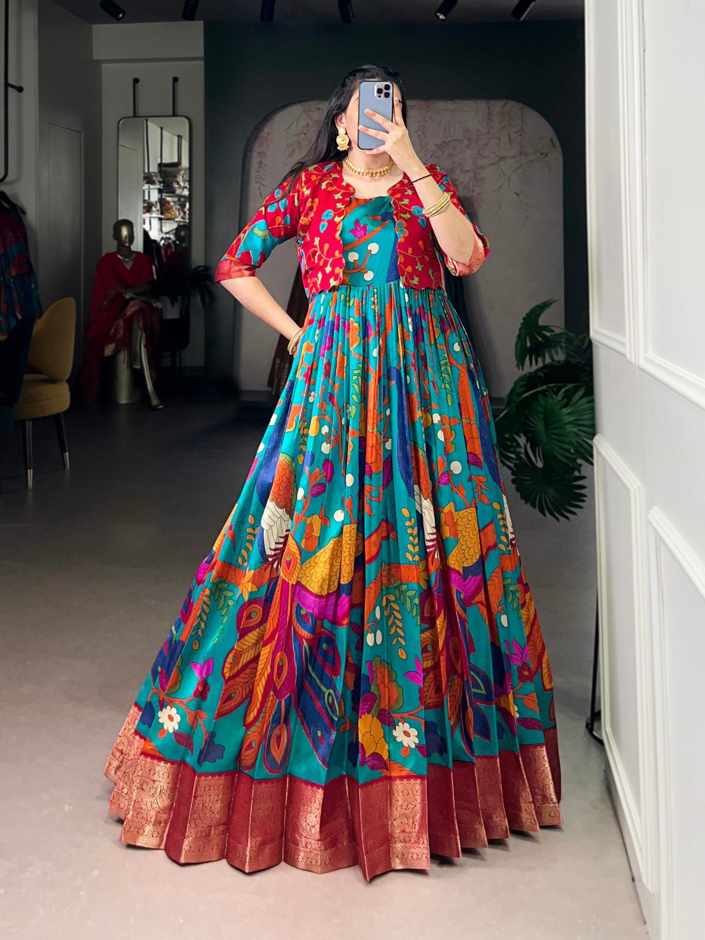Firozi Tasar Silk Kalamkari Print Stitched Gown with Zari Weaving Koti – Full Flair Party Wear Gown Set for Women