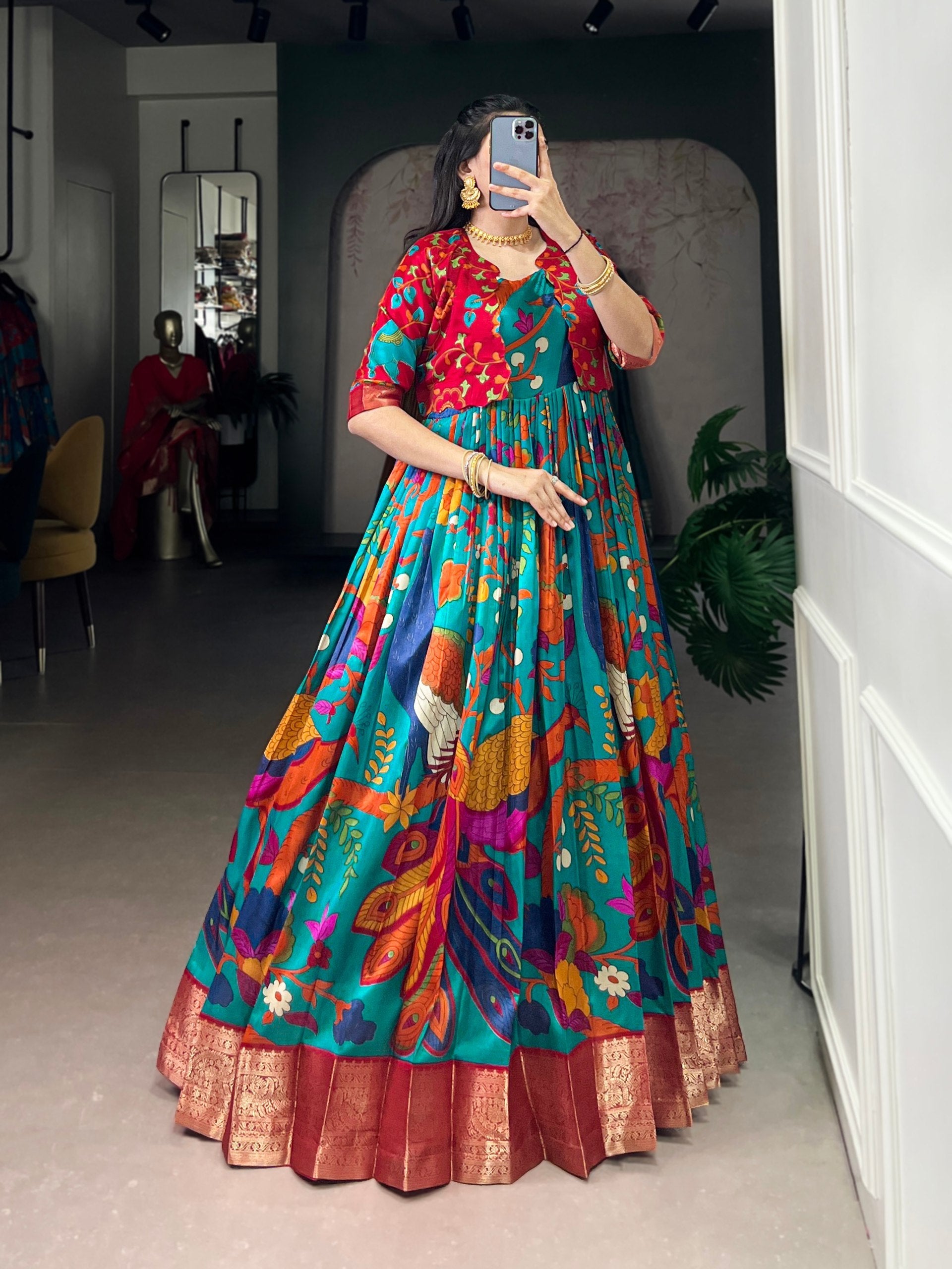 Firozi Tasar Silk Kalamkari Print Stitched Gown with Zari Weaving Koti – Full Flair Party Wear Gown Set for Women