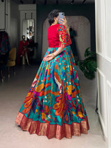 Firozi Tasar Silk Kalamkari Print Stitched Gown with Zari Weaving Koti – Full Flair Party Wear Gown Set for Women