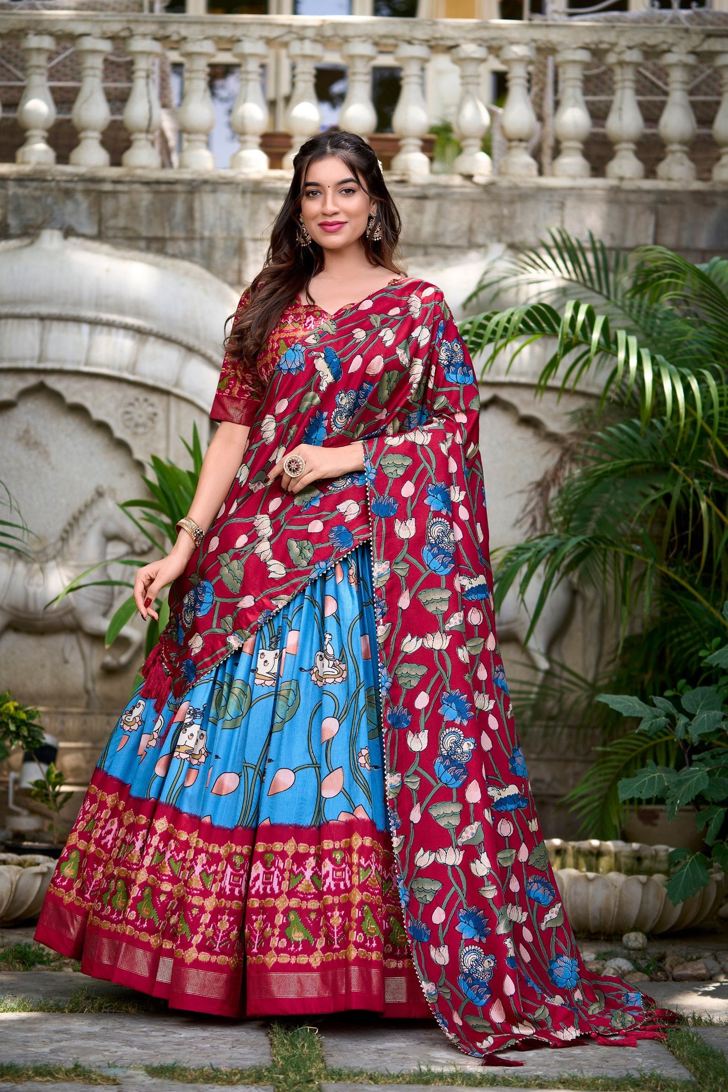 Firozi Tussar Silk Lehenga Choli with Pichwai & Patola Prints