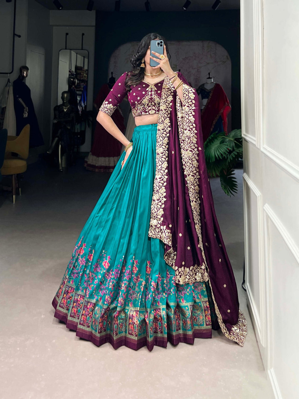 Firozi Tussar Silk Printed Lehenga Set with Embroidered Vichitra Silk Blouse & Dupatta