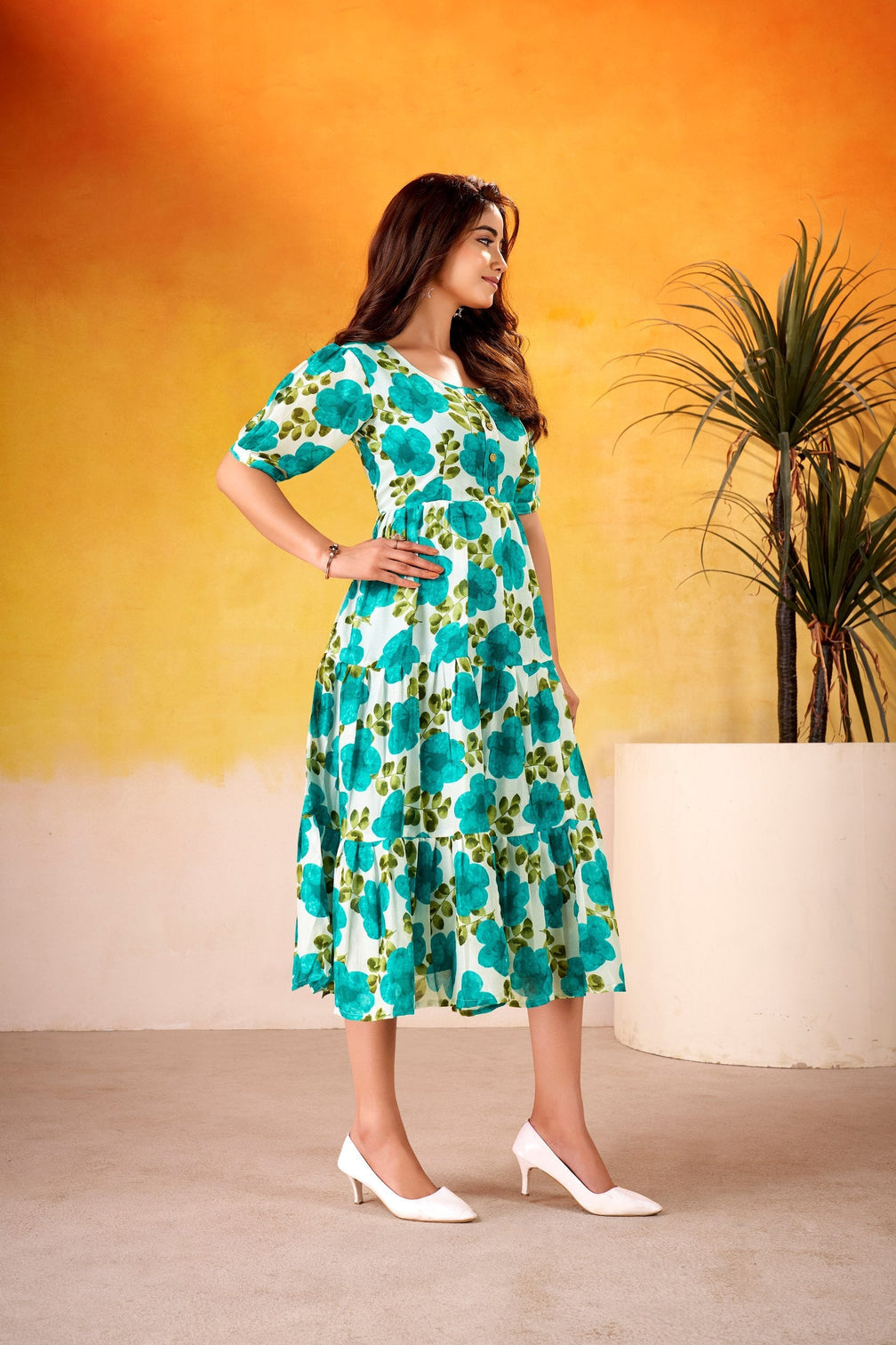 Firozi Vichitra Silk Floral Print Frock with 5-Meter Flair