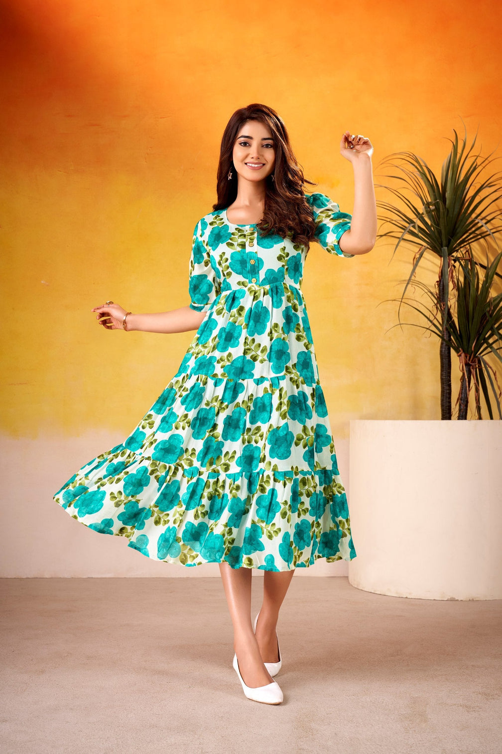 Firozi Vichitra Silk Floral Print Frock with 5-Meter Flair