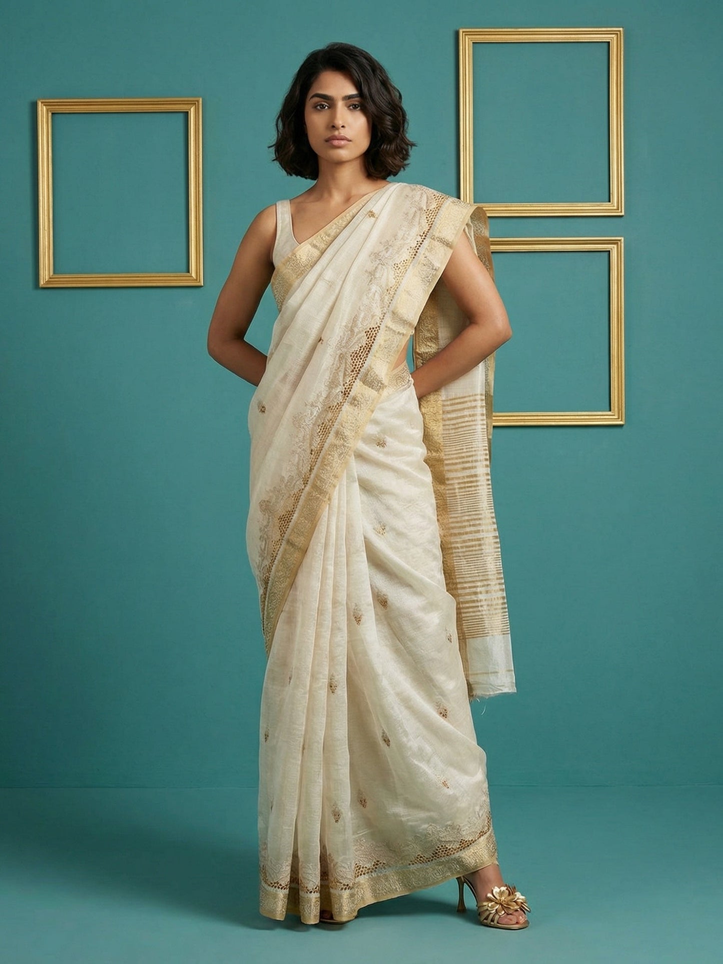 Chickoo Designer Tussar Silk Cutwork Chit Pallu Embroidered Saree