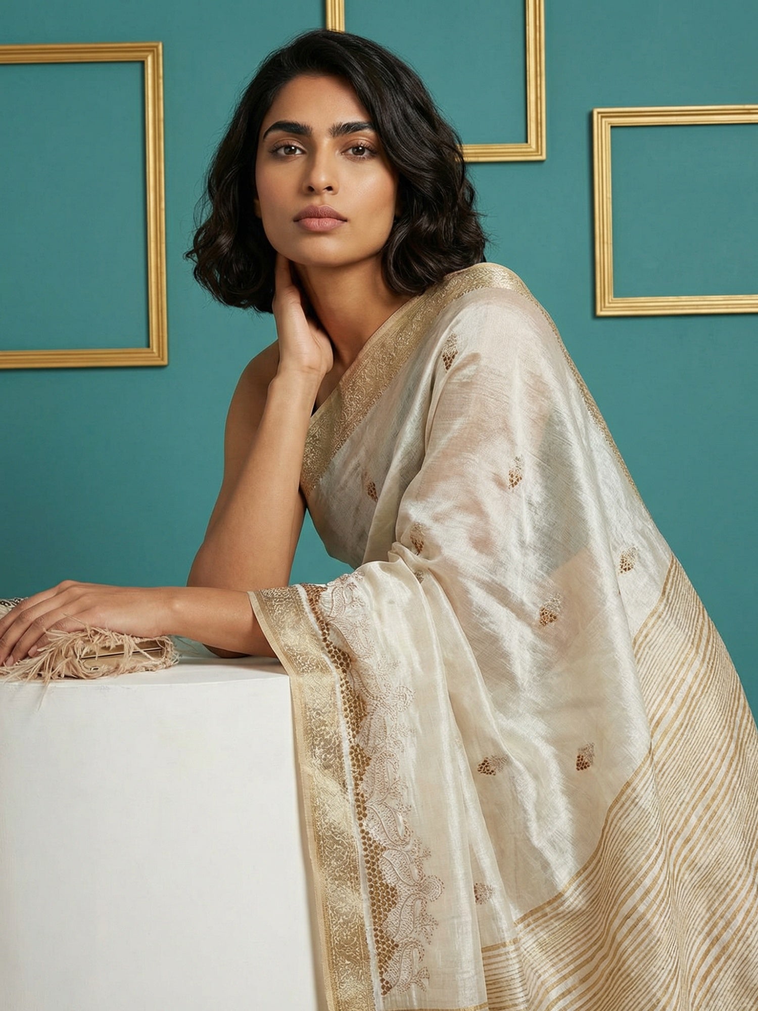 Chickoo Designer Tussar Silk Cutwork Chit Pallu Embroidered Saree