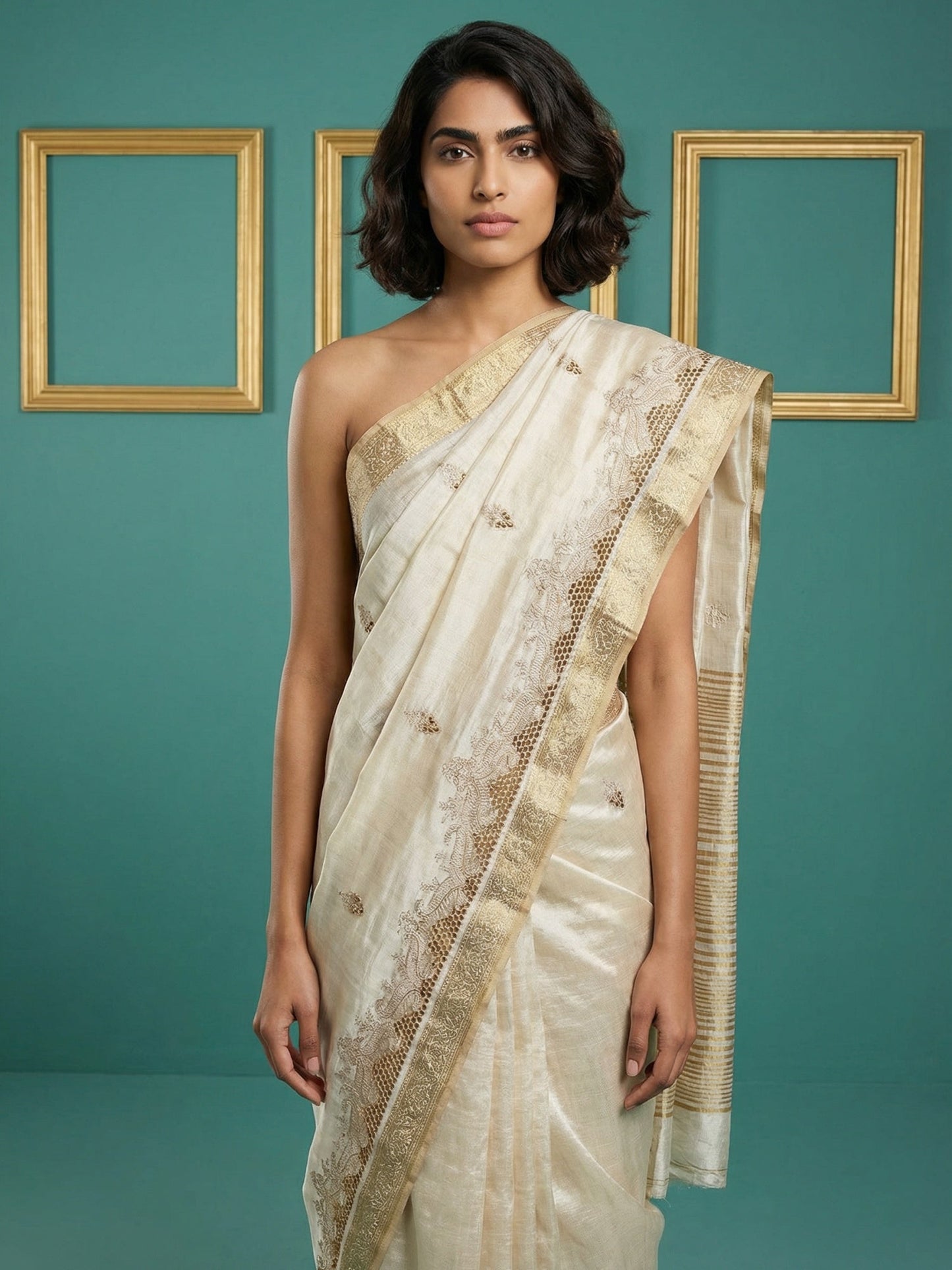 Chickoo Designer Tussar Silk Cutwork Chit Pallu Embroidered Saree