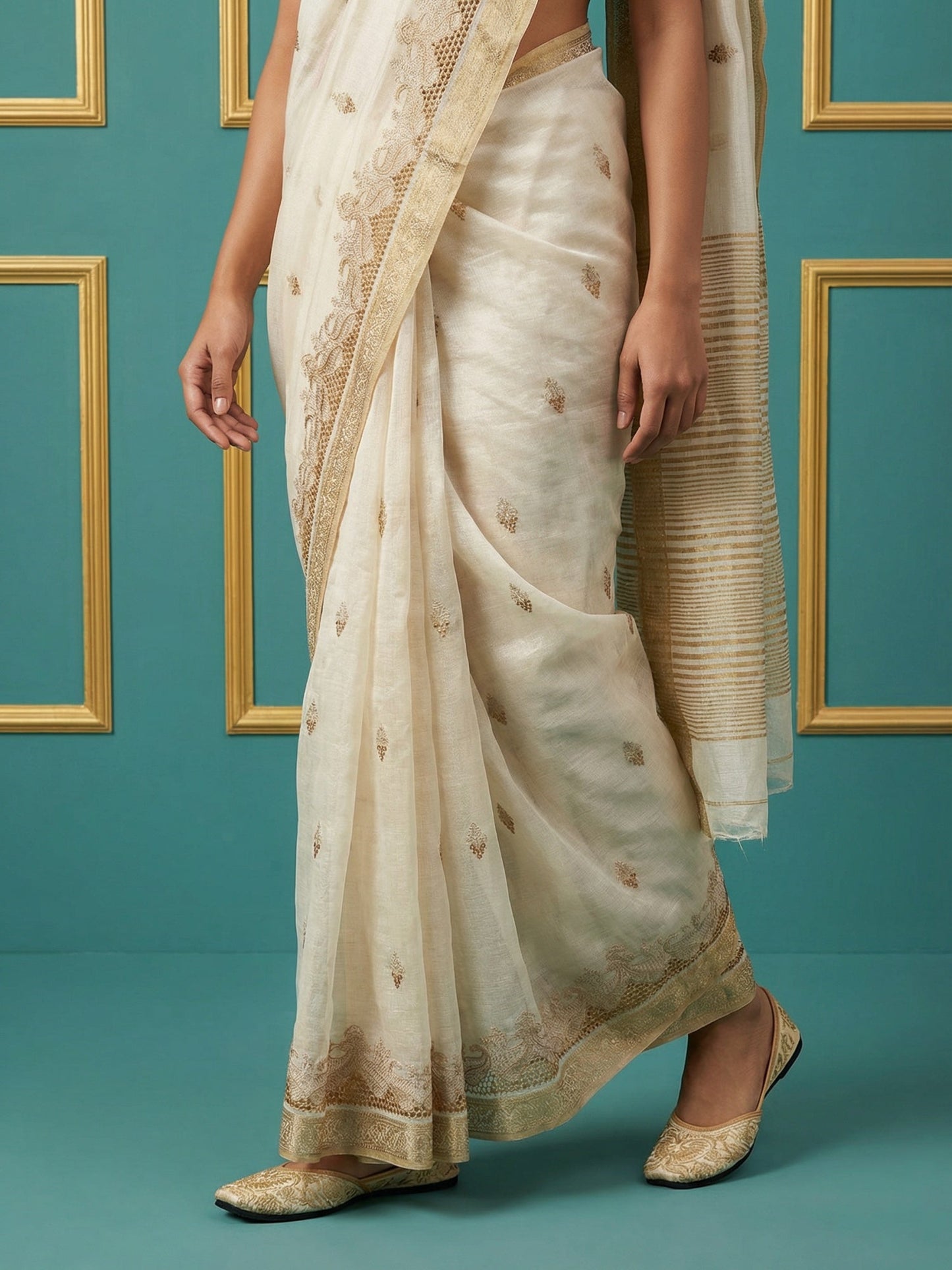 Chickoo Designer Tussar Silk Cutwork Chit Pallu Embroidered Saree