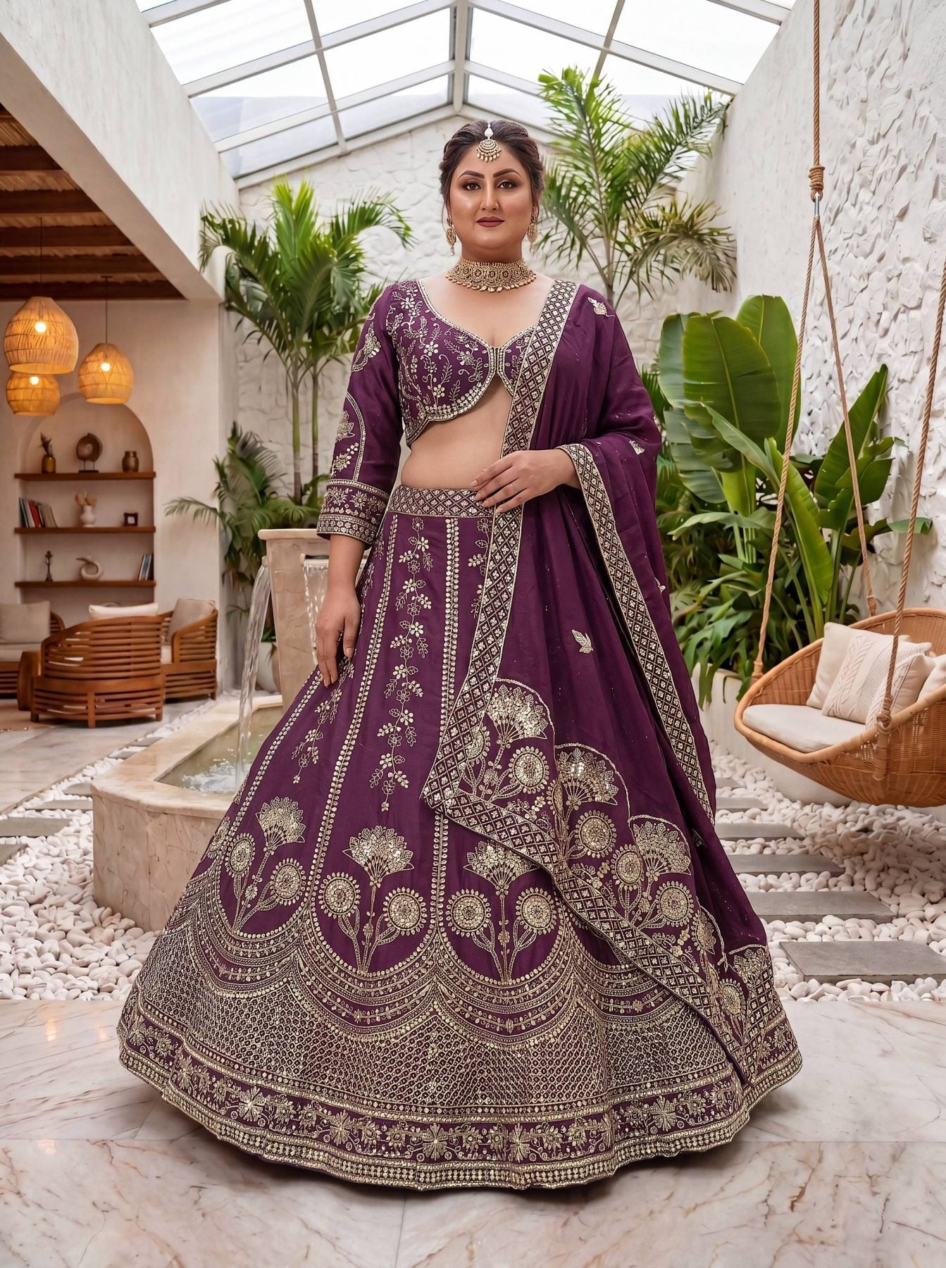 Chinon Silk Plus Size Lehenga Choli with Zari Sequins Embroidery
